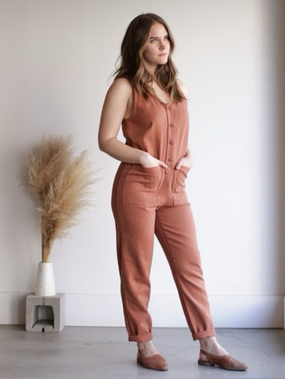 Jungmaven Terracotta Orange Hemp Cotton Button Front Jumper Jumpsuit medium - Picture 2 of 13